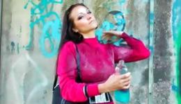 Sultry dark-haired is flashing her colossal bazookas flowing water on bazookas